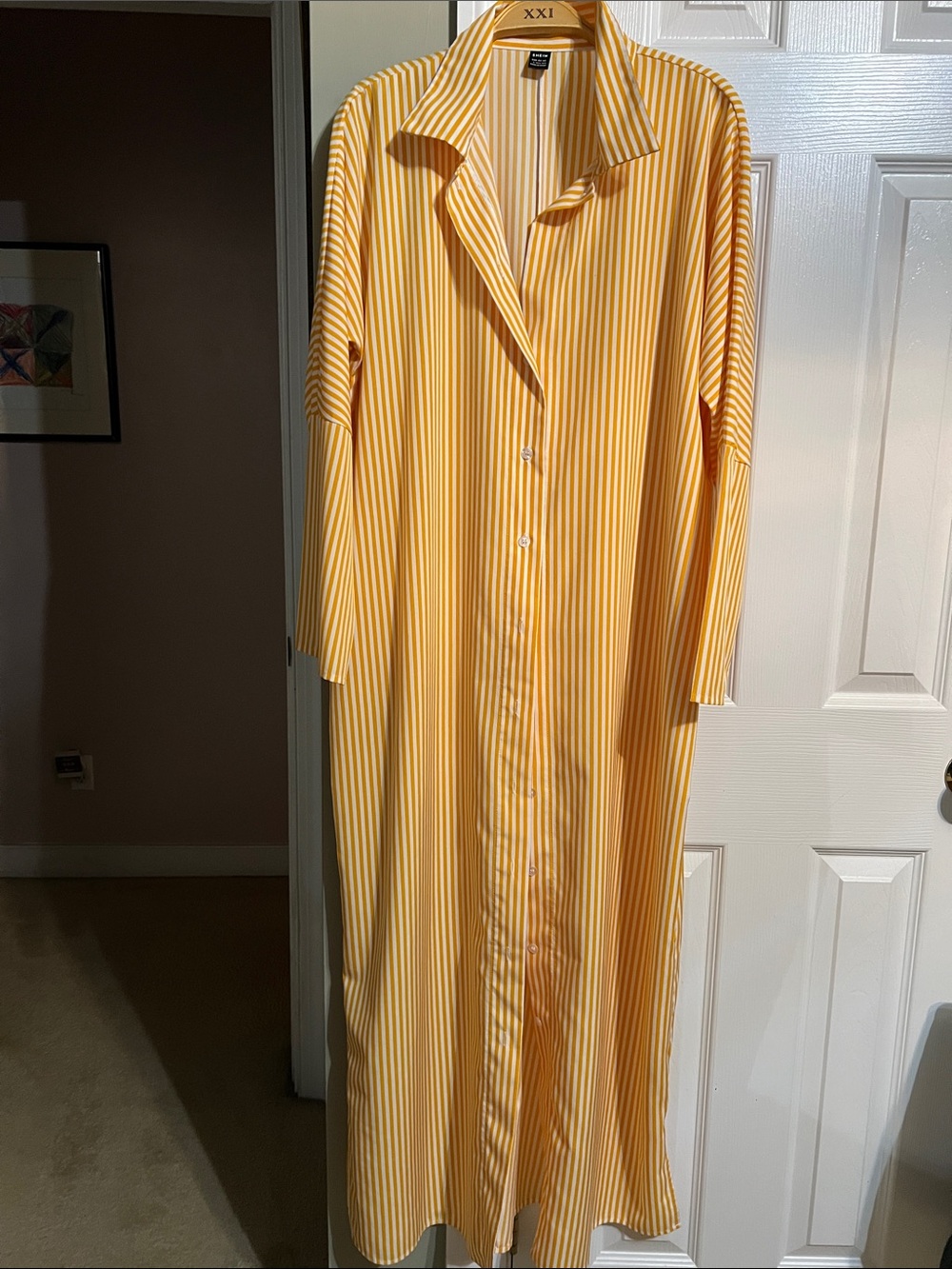 SHEIN Yellow and White Vertical Stripe Maxi Shirt Dress